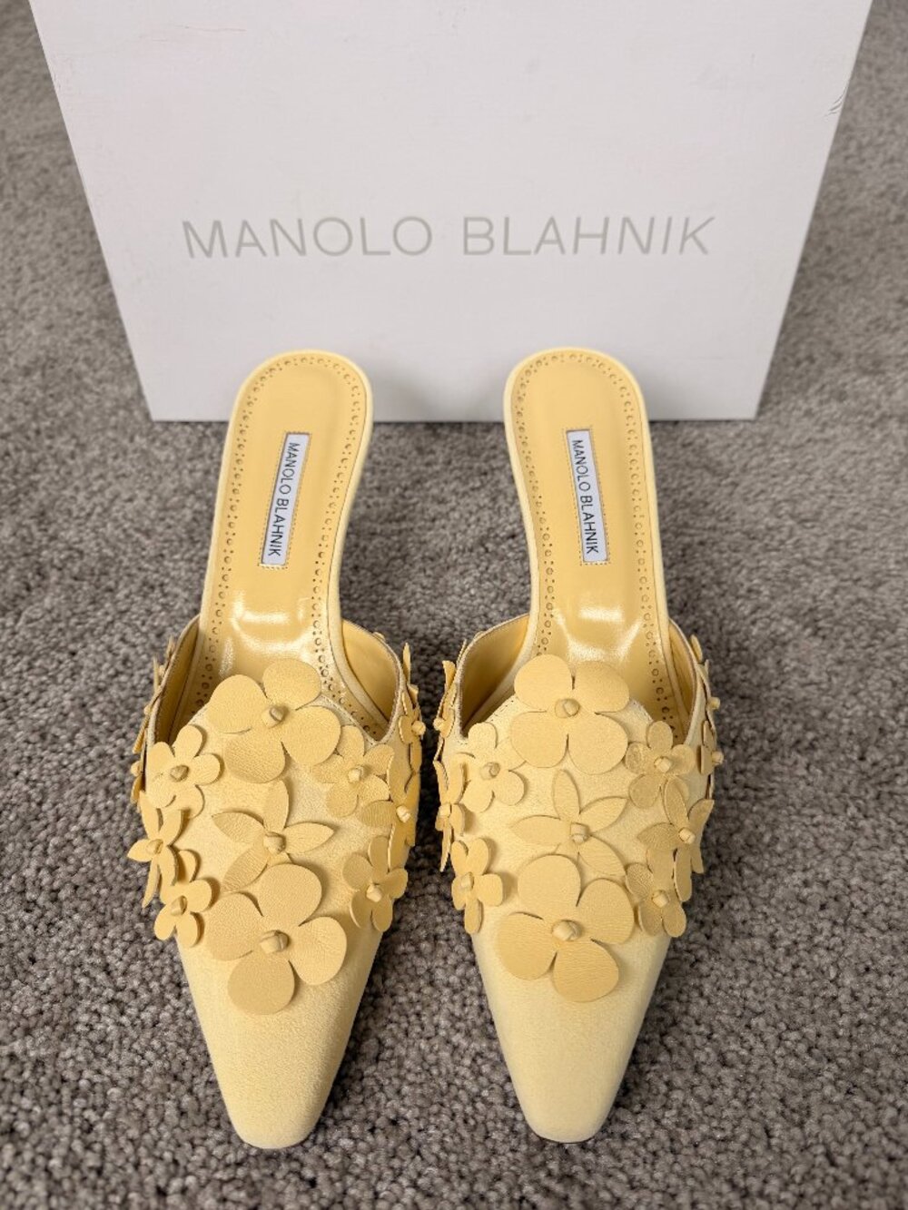 BRAND NEW NEVER USED- Manolo Blahnik Yellow Harnes Floral Suede Mule, Size 41 - Picture 5 of 8